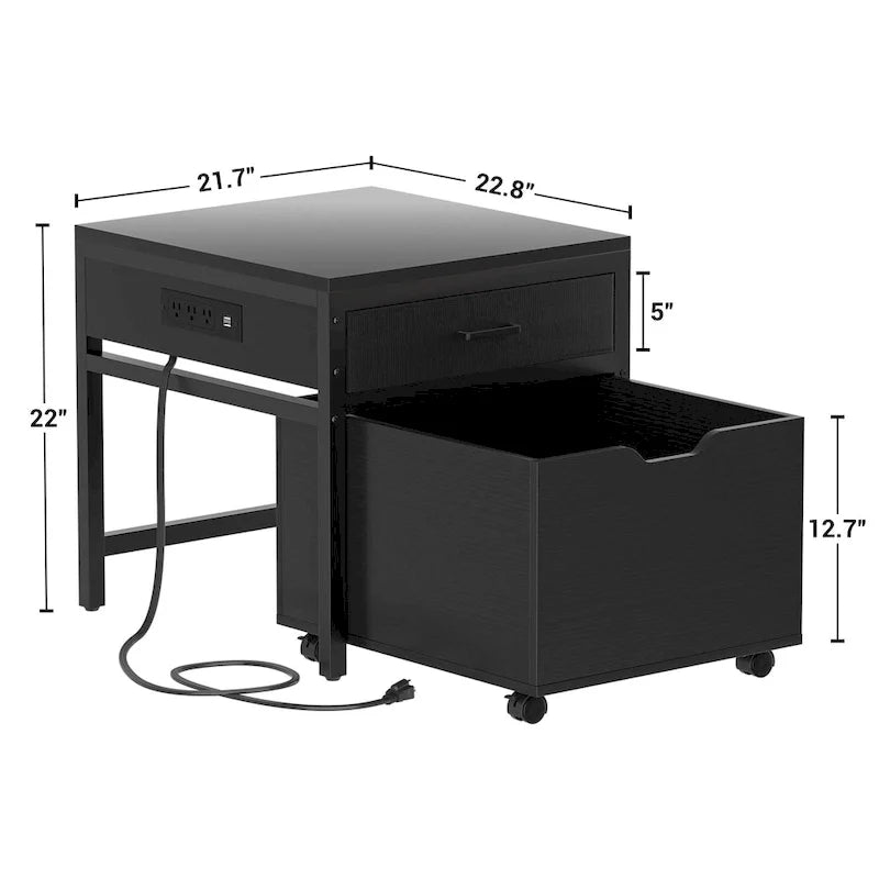 Mini Fridge Stand with Charge Station, Side/ End Table with Storage Drawers and Rolling Cabinet
