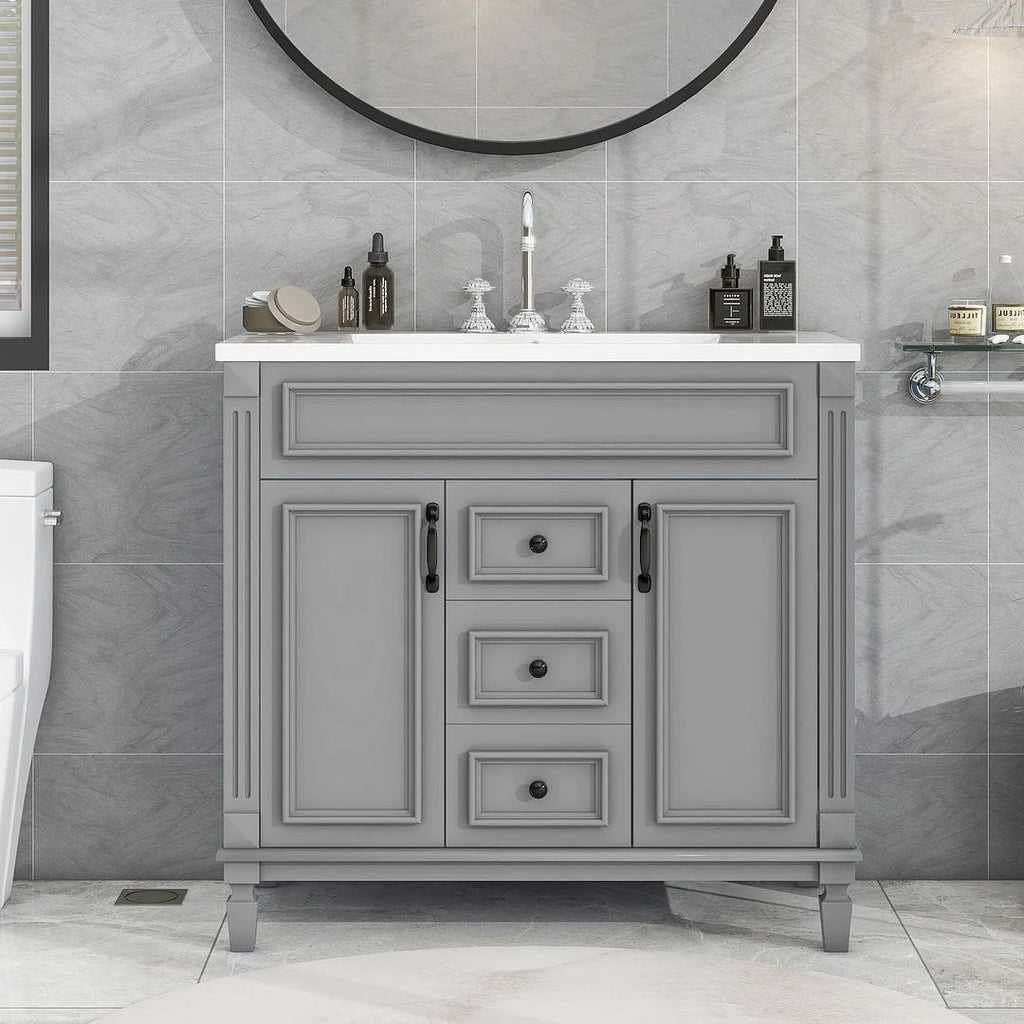 36'' Modern Bathroom Vanity with Top Sink and Mirror Cabinet,2 Doors and 2 Drawers