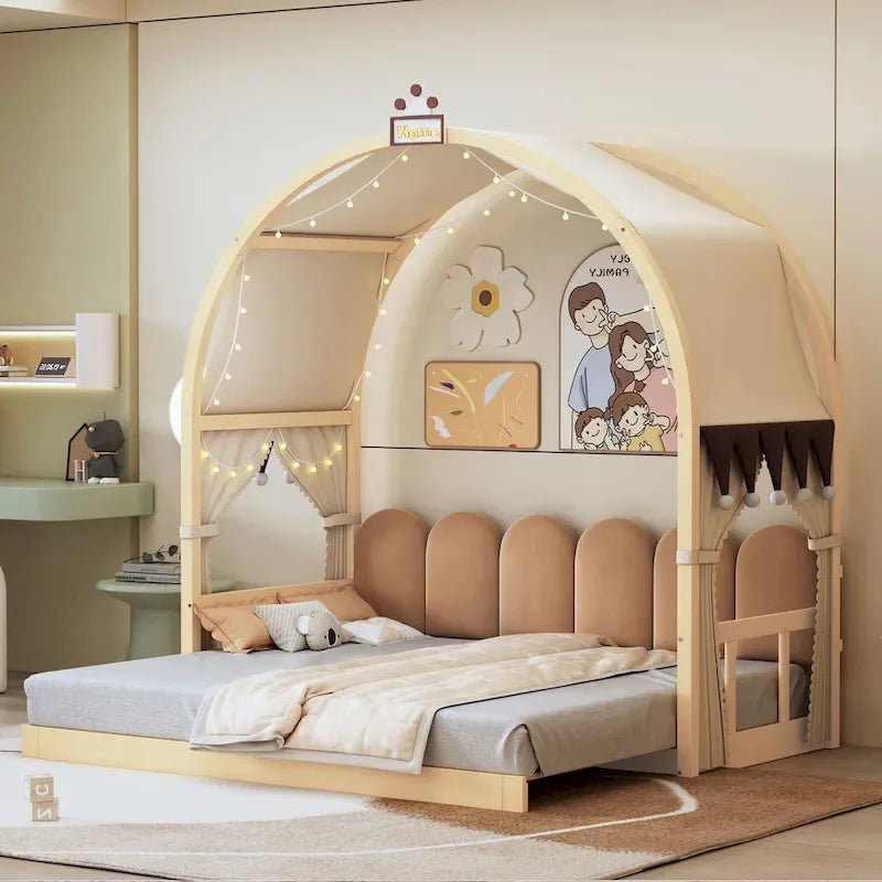 Lit plateforme Montessori au sol en bois massif, style maisonnette avec toit arqué et lit gigogne, pour filles et garçons