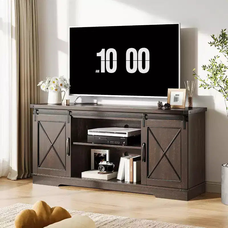 Meuble TV gris à porte de grange coulissante pour 1, convient aux téléviseurs jusqu’à 65 pouces
