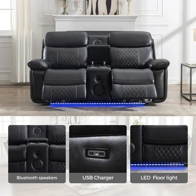 Power Reclining Sofa with Wireless Charger,Reading Light,LED Light for Living Room,Faux Leather,AC/USB Port,Cup Holder,Black