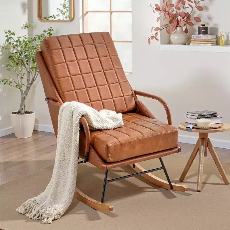 VECELO Fauteuil à bascule en similicuir/tissu Teddy, fauteuil inclinable de salon moderne avec assise rembourrée, base en bois massif sécurisée Blanc/Marron