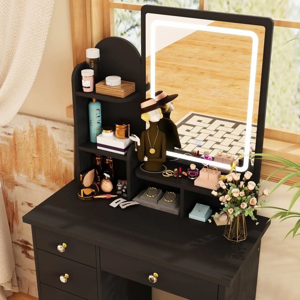 Coiffeuse avec éclairage LED, miroir et tabouret