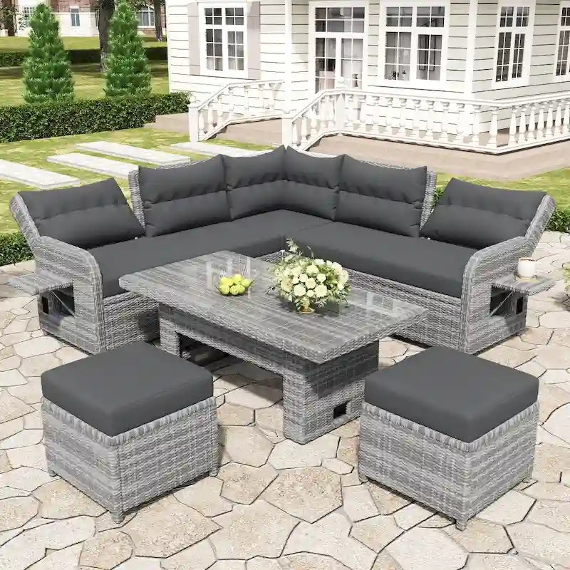Outdoor Rattan Furniture Set with Adjustable Table, Recliners and 2 Ottomans