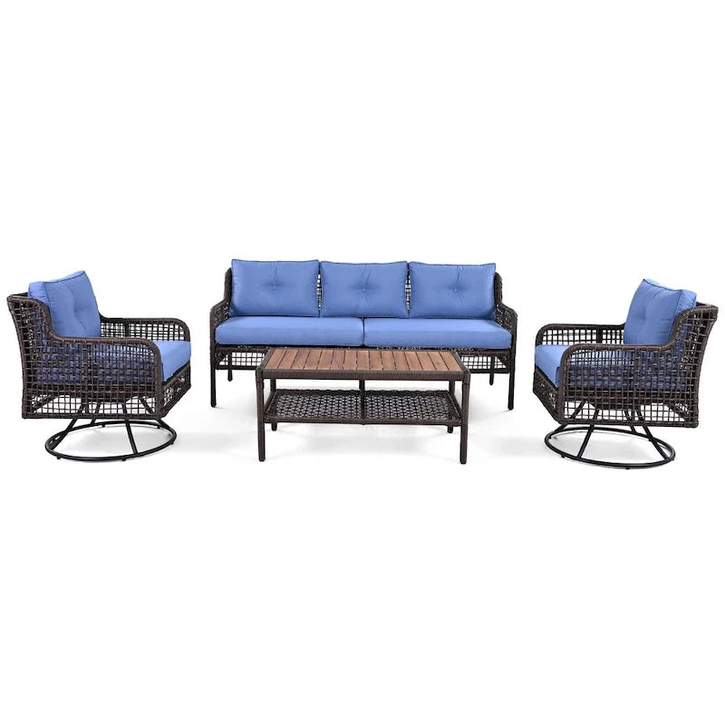 Ensemble de conversation en rotin d'extérieur 4 pièces avec fauteuils pivotants et table basse