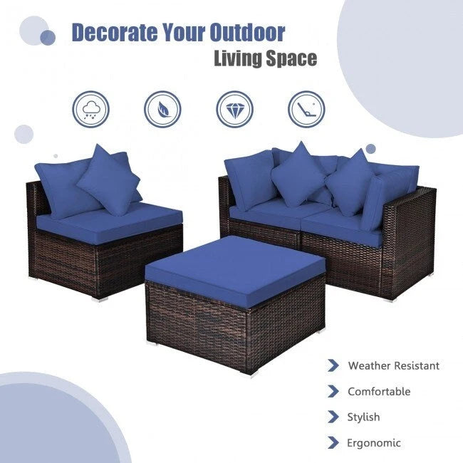 Ensemble de meubles de patio en rotin 4 pièces avec coussins et oreillers amovibles – Canapé d'angle : 73,7 x 73,7 x 63,5 cm