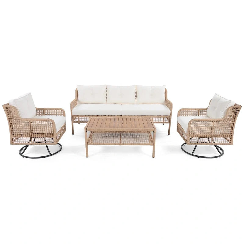 Ensemble de conversation en rotin d'extérieur 4 pièces avec fauteuils pivotants et table basse