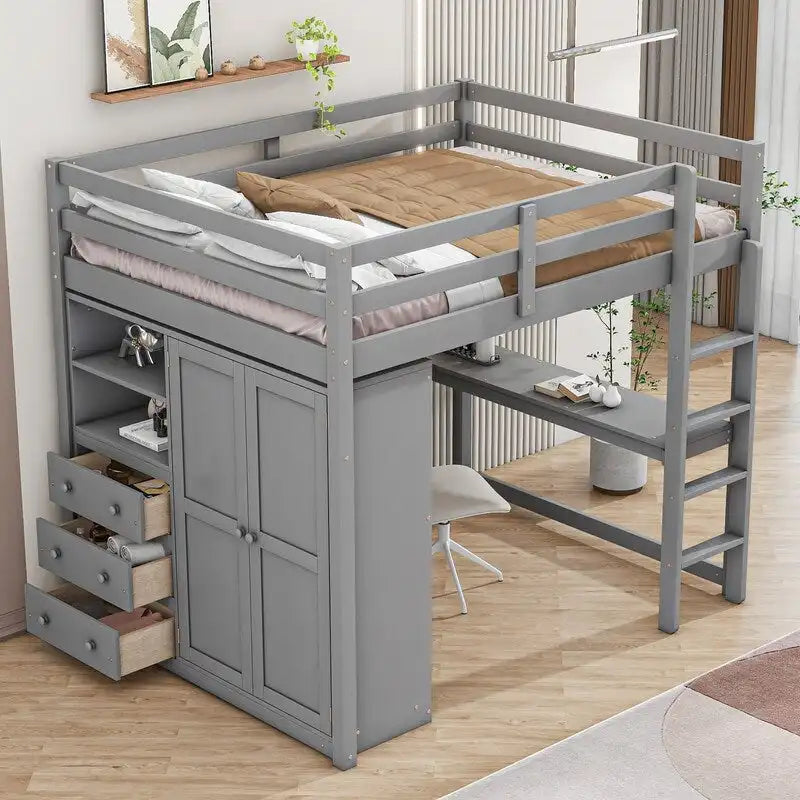 Full Size Wood Loft Bed with Built-in Wardrobe, Desk, Storage Shelves and Drawers
