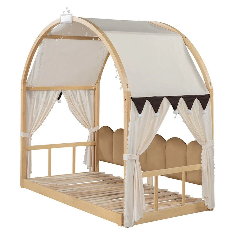 Lit plateforme Montessori au sol en bois massif, style maisonnette avec toit arqué et lit gigogne, pour filles et garçons