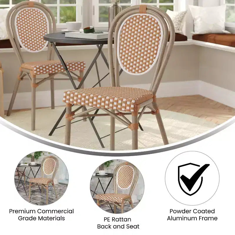 Chaise empilable de bistrot Thonet commerciale intérieure/extérieure Flash Furniture Lourdes, rotin synthétique et cadre en aluminium
