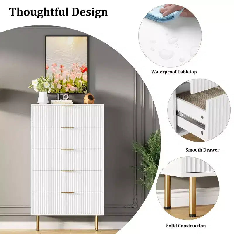 White / Marble & Wood 5-Drawer Dresser ¨C Fluted Panel, for 1 Person Use