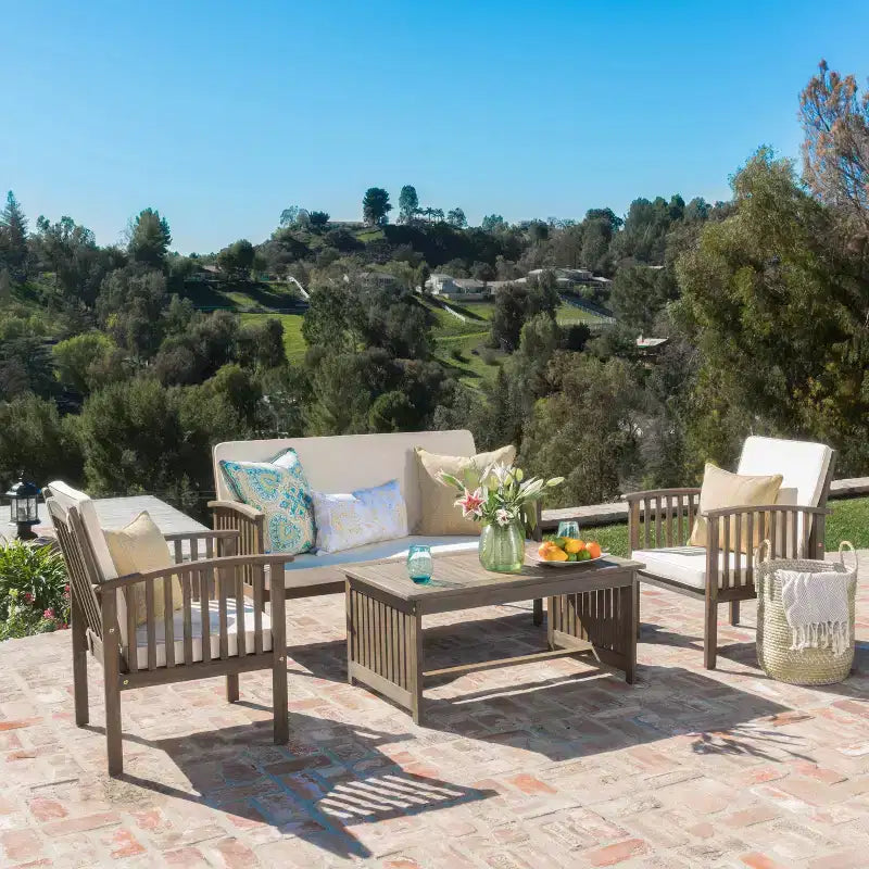 Christopher Knight Home Navan Outdoor Acacia Wood 4 Seater Chat Set with Water-Resistant Cushion