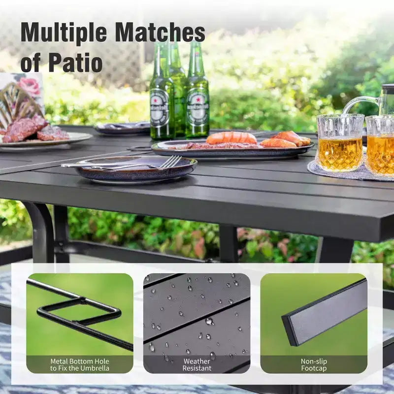 Captiva Designs 8Pc Outdoor Steel Rectangle Dining Table & Cushioned Metal Chairs & Market Umbrella