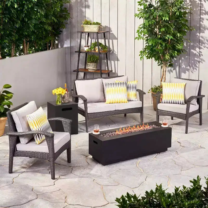 GDFStudio Houlihan Outdoor Wicker 4 Seater Chat Set with Fire Pit