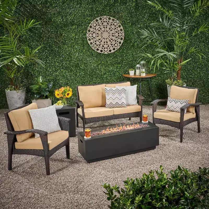 GDFStudio Houlihan Outdoor Wicker 4 Seater Chat Set with Fire Pit