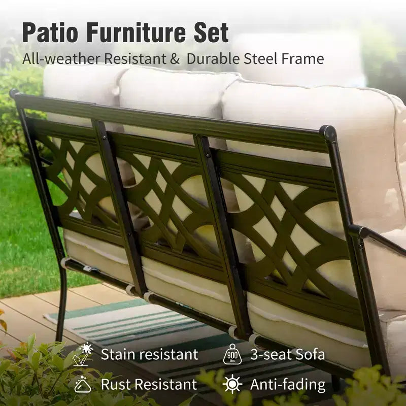 Captiva Designs 4pc extra large metal outdoor patio conversation set with swivel pattern-back chairs and coffee table