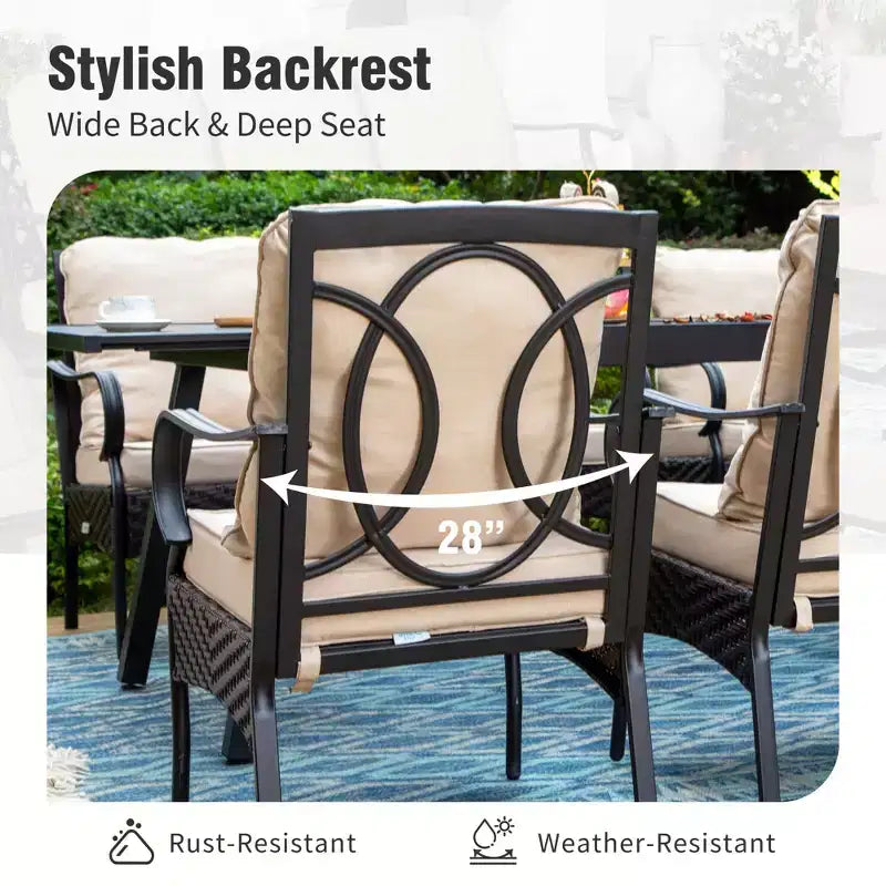 Captiva Designs 9pc Spacious Slat-top Square Metal Table & Rattan Metal Chairs with Thick Cushions