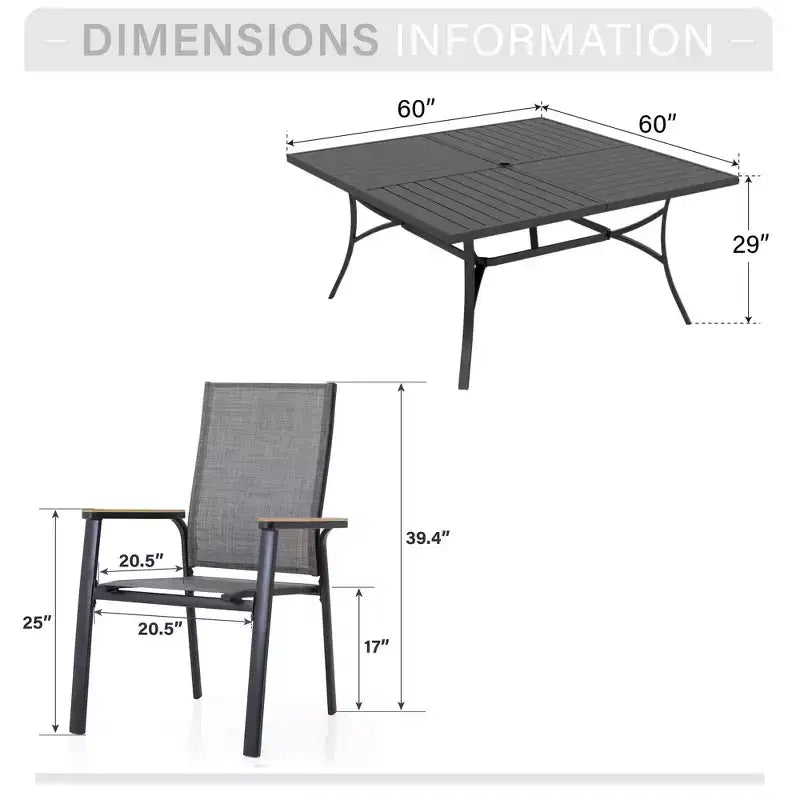 Captiva Designs 9pc Patio Slat-top Square Metal Dining Table & Stackable Textilene Aluminum Chairs