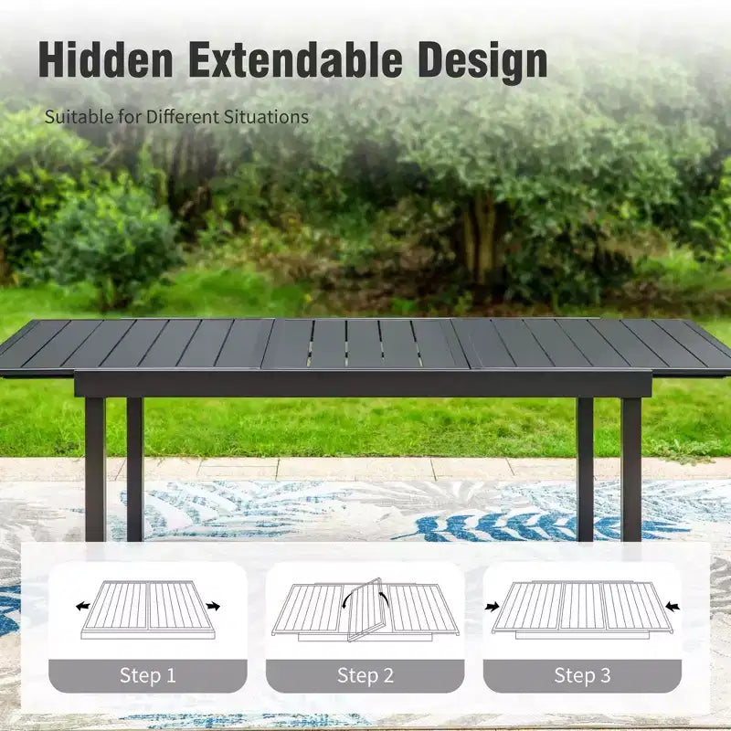 Captiva Designs 9pc Patio Dining Set with Slat-top Adjustable Steel Rectangle Table & Padded Textilene Swivel Chairs
