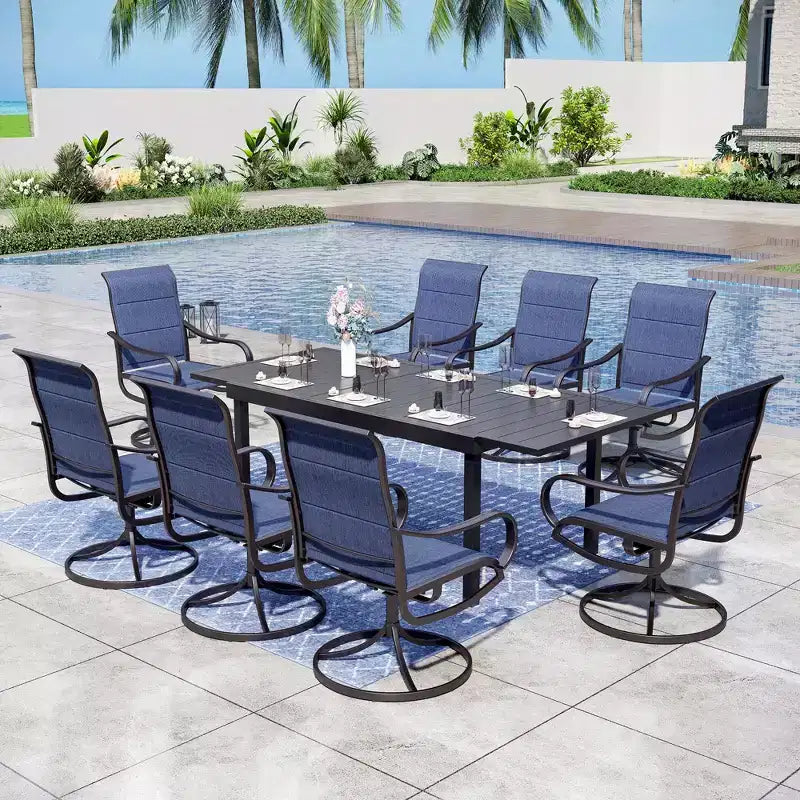 Captiva Designs 9pc Patio Dining Set with Slat-top Adjustable Steel Rectangle Table & Padded Textilene Swivel Chairs