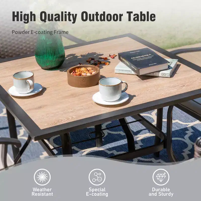 Captiva Designs 6pc Patio Square Table & Fusiform Back Metal Chairs & Beige Umbrella