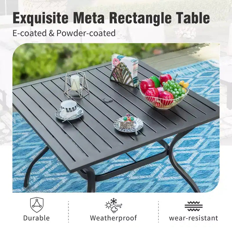Captiva Designs 6pc Patio Square Table & Fusiform Back Metal Chairs & Beige Umbrella