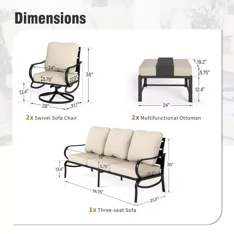 Captiva Designs 5pc Metal Patio Furniture Conversation Set with Swivel Chairs and Ottomans for Garden Porch Backyard
