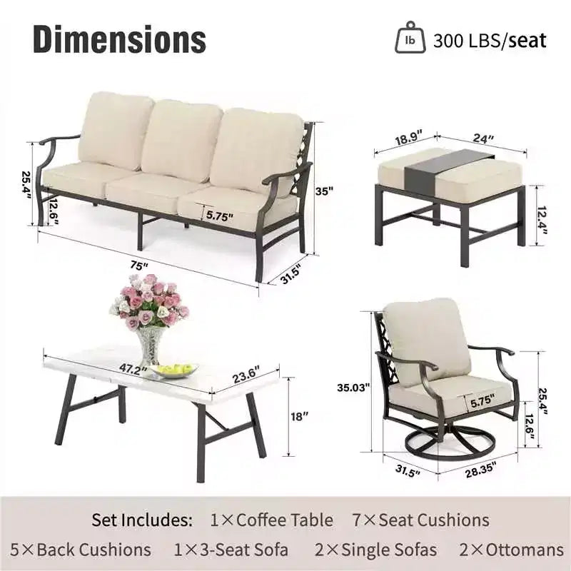 Captiva Designs 6pc Metal Patio Outdoor Conversation Set with Swivel Grid-back Chairs, Ottomans and Coffee Table