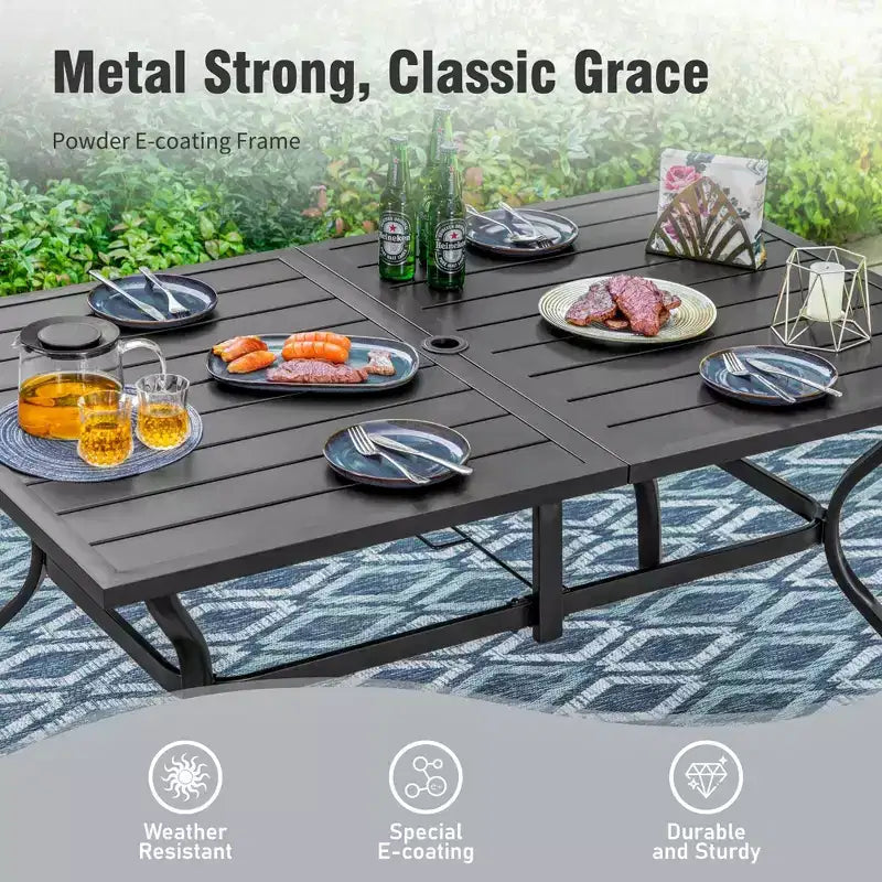 Captiva Designs 8pc Patio Dining Set with Rectangular Steel Table & Black Steel Chairs & Beige Umbrella