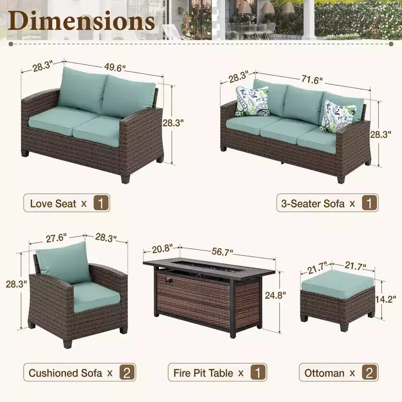 Captiva Designs 7pc Outdoor Patio Wicker Rattan Cushioned Sofa Fire Pit Set with Ottomans and Loveseat