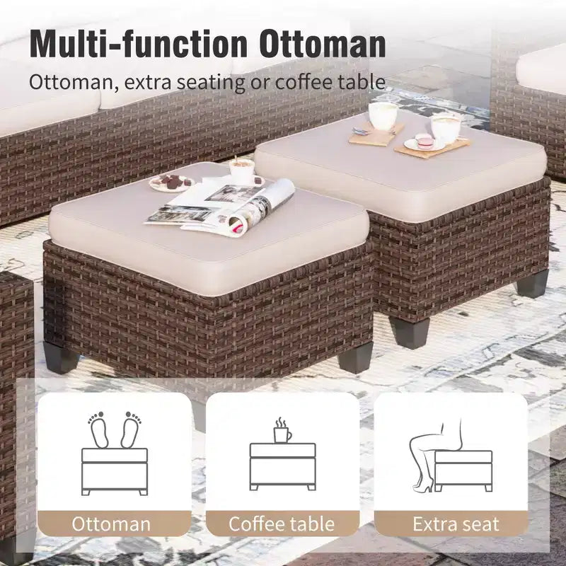 Captiva Designs 7pc Outdoor Patio Wicker Rattan Cushioned Sofa Fire Pit Set with Ottomans and Loveseat