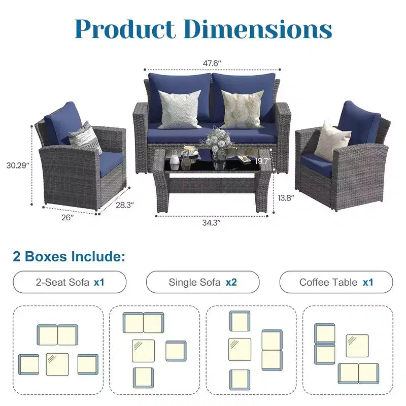 Heynemo 4 Piece Patio Furniture Sets, All-Weather Wicker Conversation Sets, Outdoor Rattan Sectional Sofa Chair with Coffee Table