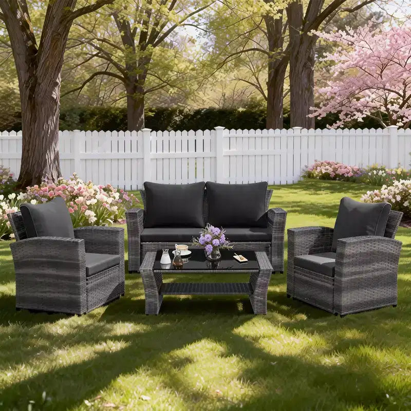 Heynemo 4 Piece Patio Furniture Sets, All-Weather Wicker Conversation Sets, Outdoor Rattan Sectional Sofa Chair with Coffee Table