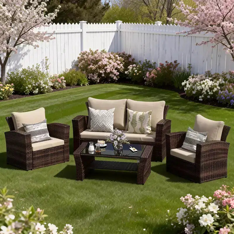 Heynemo 4 Piece Patio Furniture Sets, All-Weather Wicker Conversation Sets, Outdoor Rattan Sectional Sofa Chair with Coffee Table
