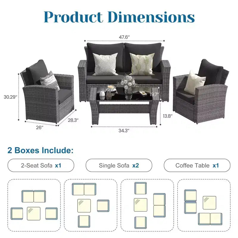 Heynemo 4 Piece Patio Furniture Sets, All-Weather Wicker Conversation Sets, Outdoor Rattan Sectional Sofa Chair with Coffee Table