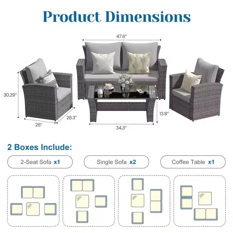 Heynemo 4 Piece Patio Furniture Sets, All-Weather Wicker Conversation Sets, Outdoor Rattan Sectional Sofa Chair with Coffee Table
