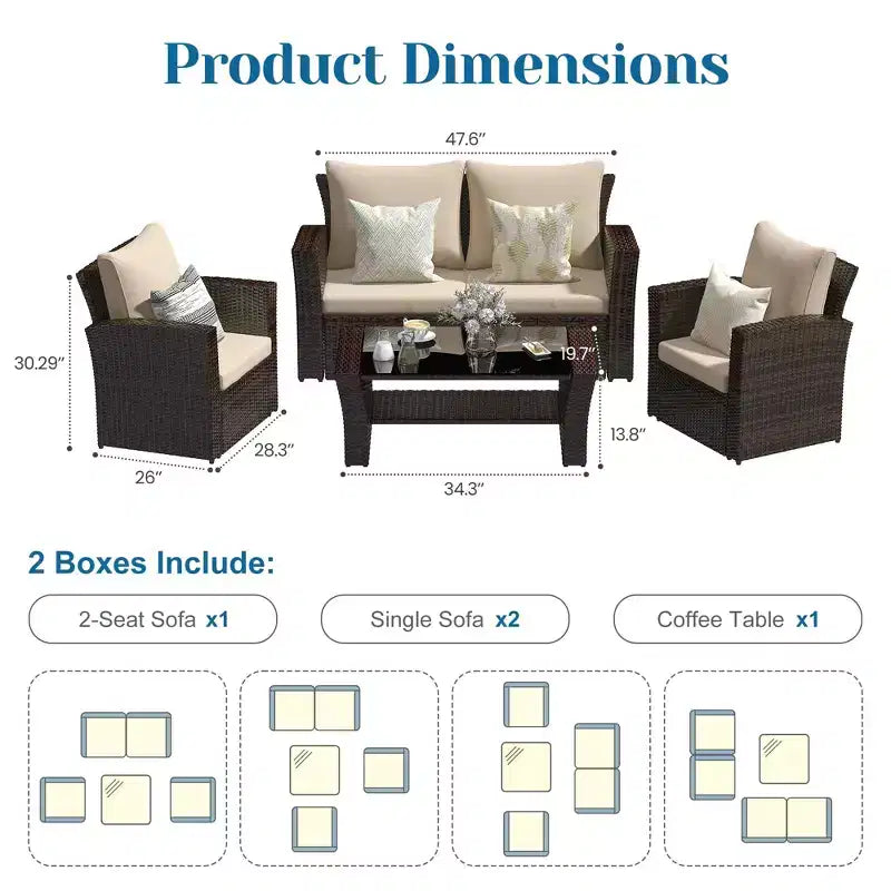 Heynemo 4 Piece Patio Furniture Sets, All-Weather Wicker Conversation Sets, Outdoor Rattan Sectional Sofa Chair with Coffee Table