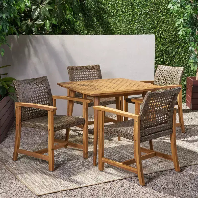 Christopher Knight Home Clausen Outdoor Acacia Wood and Wicker 5 Piece Dining Set, Teak/Mixed Mocha