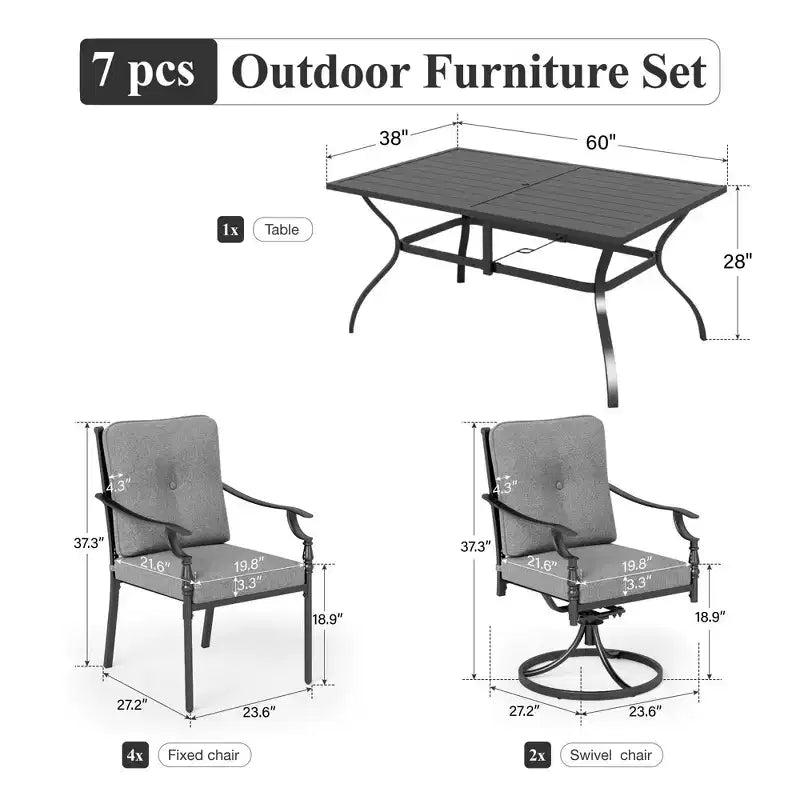 Captiva Designs Patio Dining Set with Slat-top Steel Table & Metal Chairs with Cushions