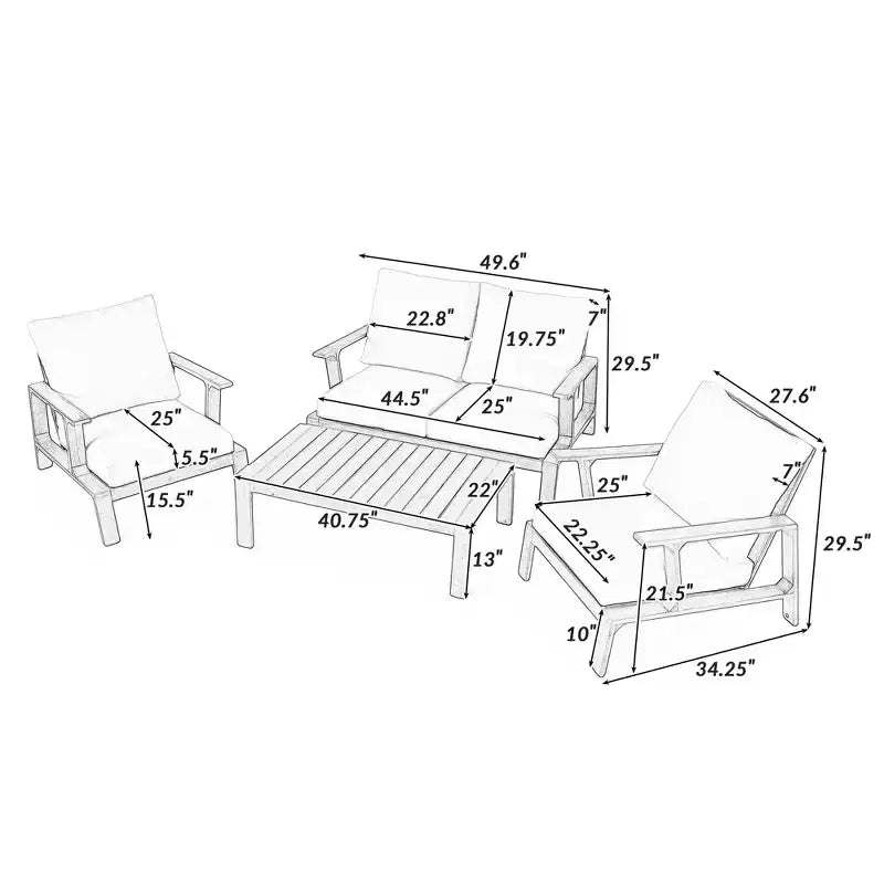 Scott Living Doris 4 Piece Outdoor Rustic Slat Design Acacia Wood Upholstered Seating Set