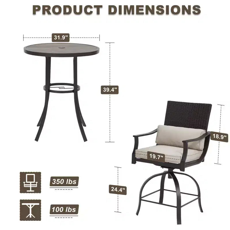 EROMMY 3 Piece Outdoor Patio Set, High Top Patio Bar Set With Round Table (1.96'' Umbrella Hole) And 2 Swivel Dining Chairs With Lumbar Pillow