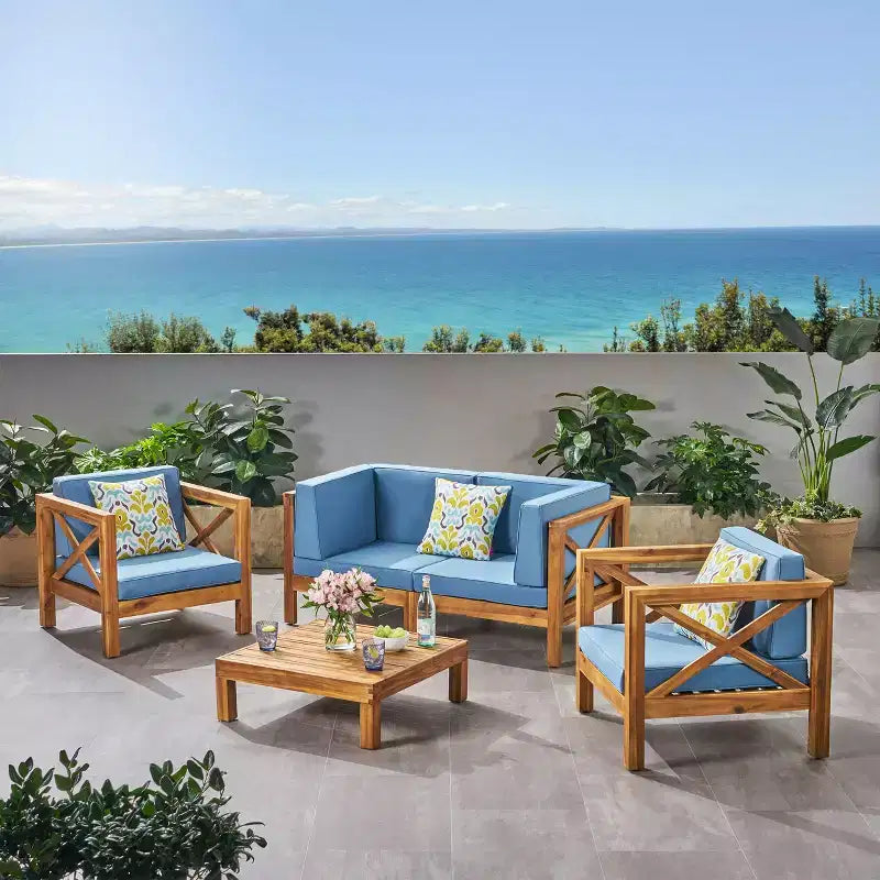 Christopher Knight Home Brava Outdoor Acacia Wood 4 Seater Chat Set with Cushions