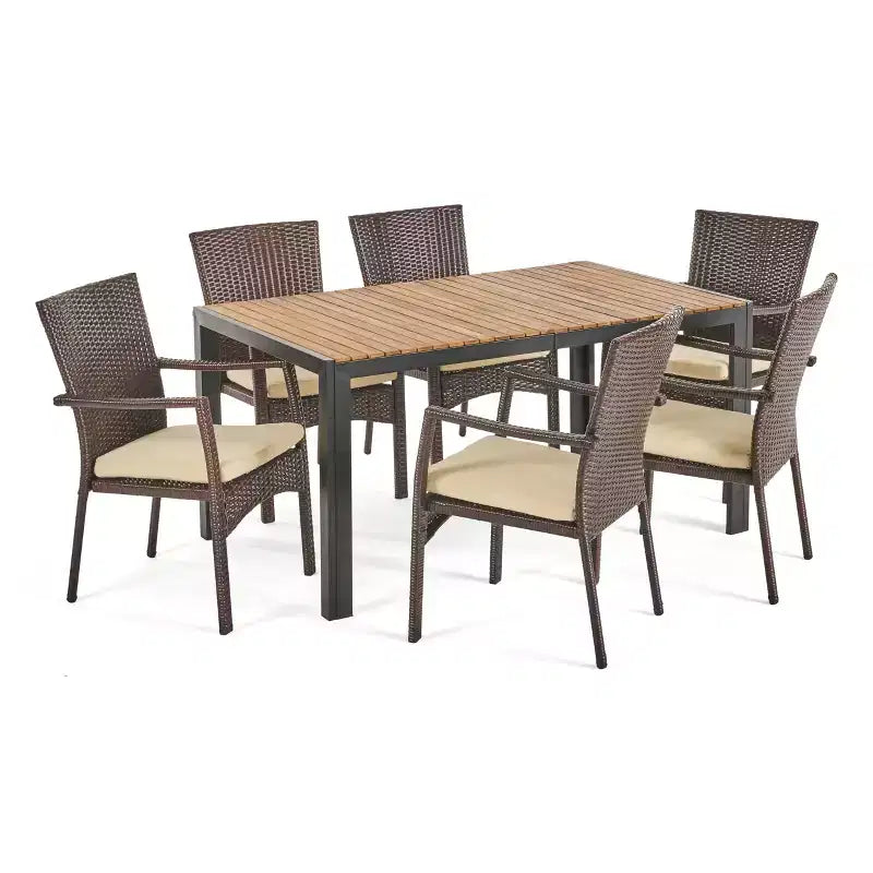 Christopher Knight Home Goodwin Outdoor Acacia Wood and Wicker 7 Piece Dining Set with Cushion, Teak/Brown