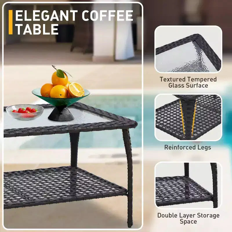 EAGLE PEAK 4 Piece Patio Rattan Furniture Conversation Set, Wicker Outdoor Couch and Chairs Set with Coffee Table