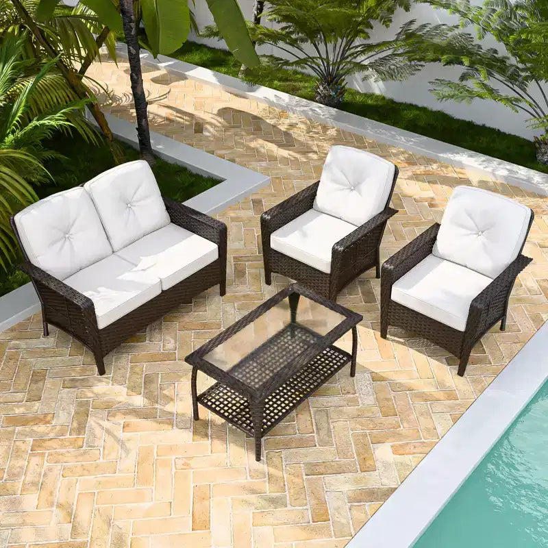 EAGLE PEAK 4 Piece Patio Rattan Furniture Conversation Set, Wicker Outdoor Couch and Chairs Set with Coffee Table