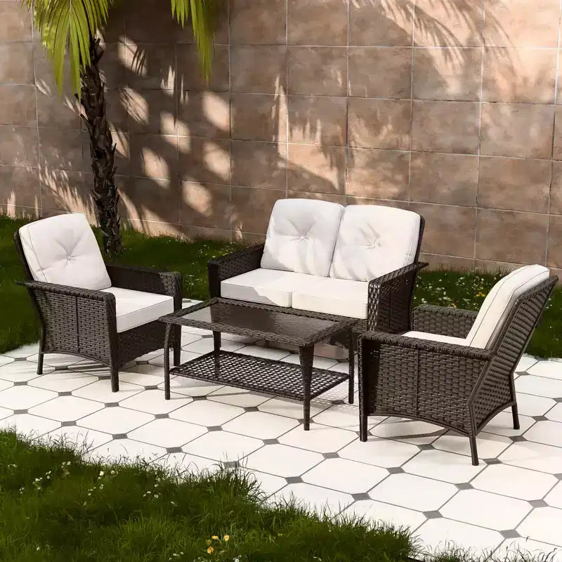 EAGLE PEAK 4 Piece Patio Rattan Furniture Conversation Set, Wicker Outdoor Couch and Chairs Set with Coffee Table
