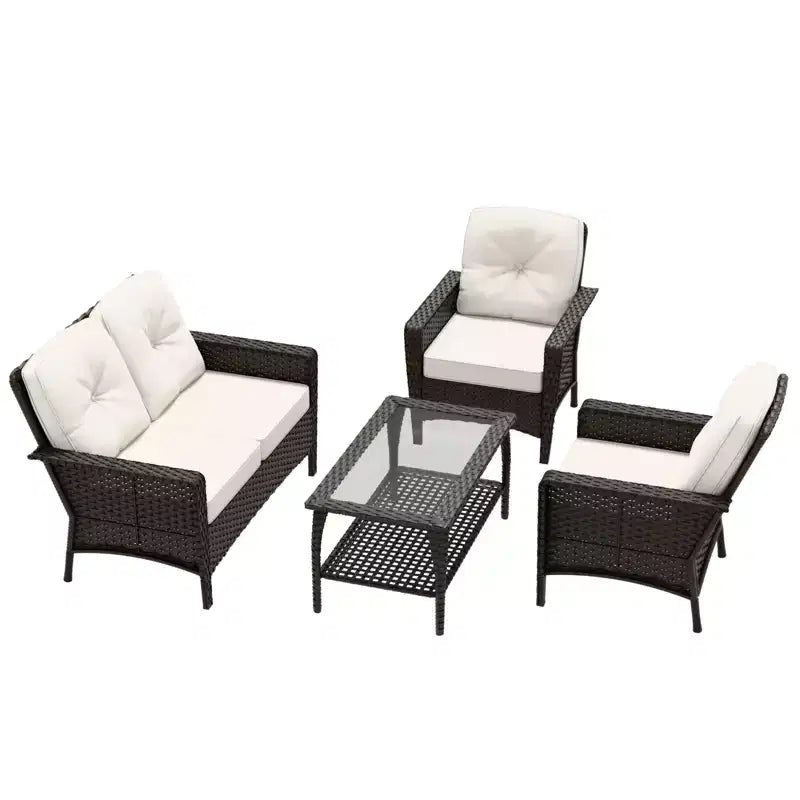 EAGLE PEAK 4 Piece Patio Rattan Furniture Conversation Set, Wicker Outdoor Couch and Chairs Set with Coffee Table