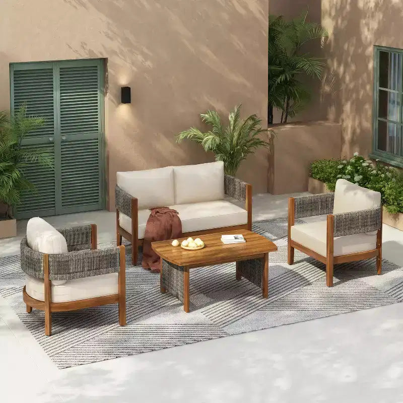 Christopher Knight Home Valentina Patio 4 Piece Rustic Rope Weave Acacia Wood Furniture Set with Cushions