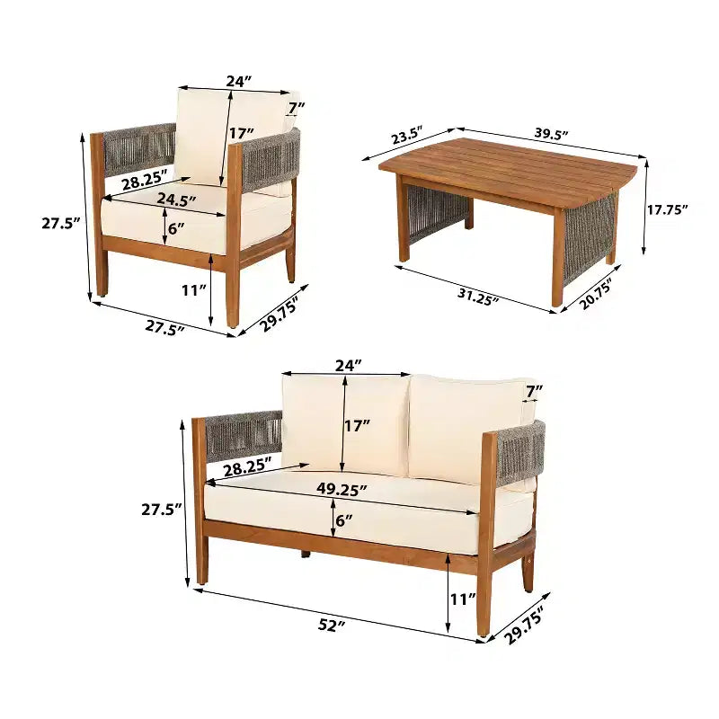 Christopher Knight Home Valentina Patio 4 Piece Rustic Rope Weave Acacia Wood Furniture Set with Cushions