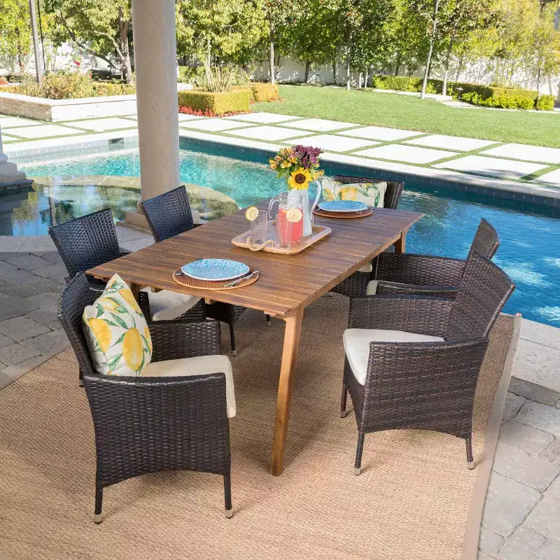Christopher Knight Home Saba Outdoor Wicker and Acacia Wood 7 Piece Dining Set with Cushion